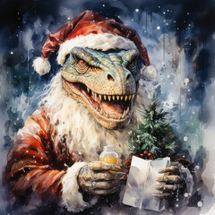 a watercolor masterpiece features a dinosaur dressed as Santa