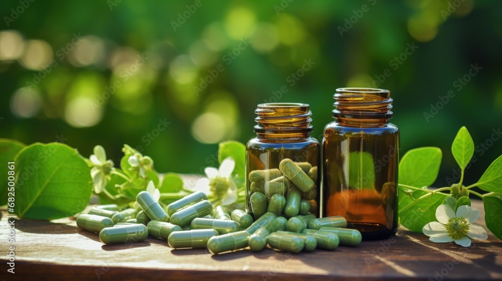 Poster herbal medicine in capsules from moringa leaf on rustic wooden table with copy space for medical bac