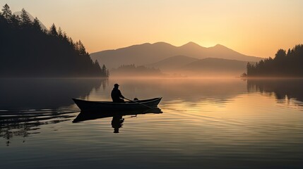 Silhouette of a man fishing in a canoe on a still morning - obrazy, fototapety, plakaty