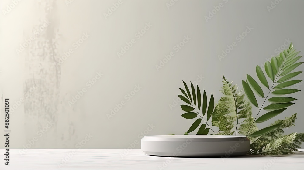 Poster minimal modern product display on light gray background, copy space. concrete empty podium and green