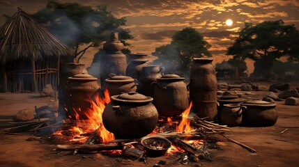 Few traditional African three legged pots by the wood fire cooking lunch - obrazy, fototapety, plakaty