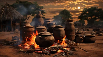 Foto op Plexiglas Few traditional African three legged pots by the wood fire cooking lunch © HN Works