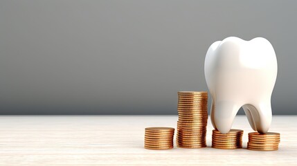 Tooth model and stacked coins on white background with copy space. Dental insurance, dentist money savings. Dental care service - obrazy, fototapety, plakaty