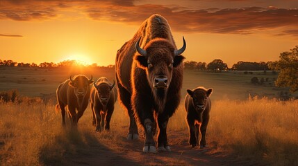 Bison herd with calves at sunrise at Fort Niobrara National Wildlife Refuge in Valentine, Nebraska, USA