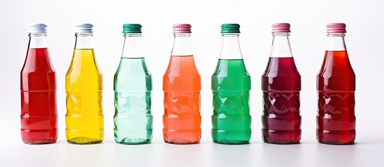 On a white background, a colorful carbonated beverage bottle made of plastic stands isolated. It contains a variety of sweeteners, flavorings, and sugar, making it a popular choice among those who - obrazy, fototapety, plakaty