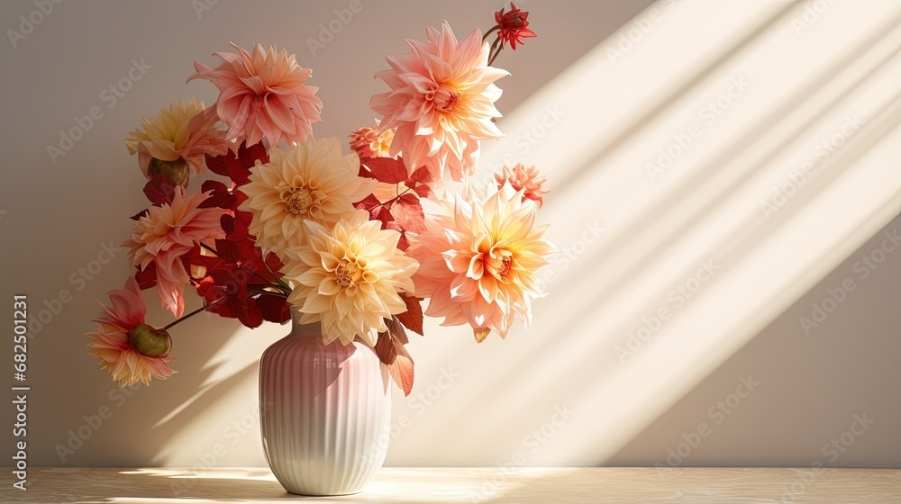 Wall mural Beautiful autumn flower bouquet with red, pink dahlia and orange berry in vase on table. Aesthetic sun light shadow on a empty neutral wall background, copy space, wedding or holiday arrangement