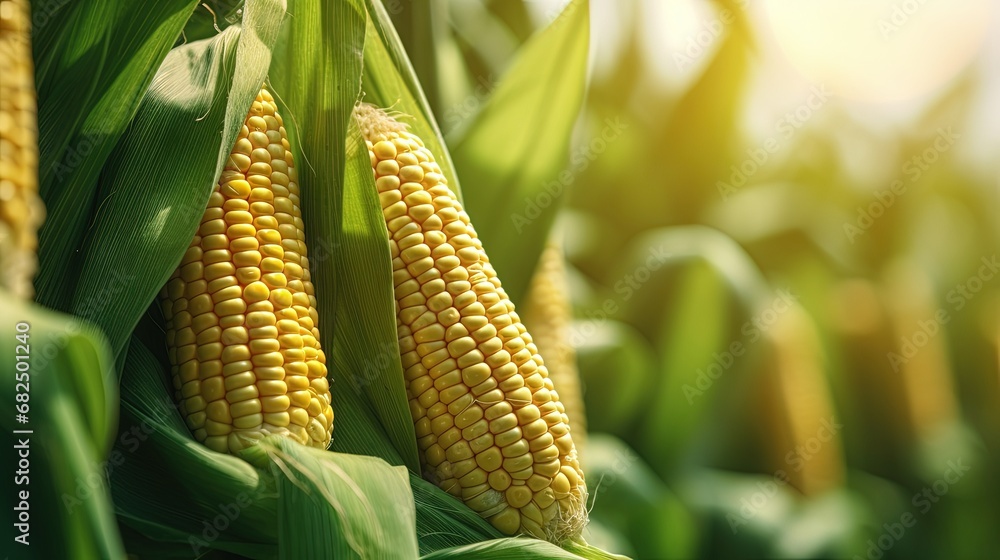 Poster corn field close up. selective focus. green maize corn field plantation in summer agricultural seaso