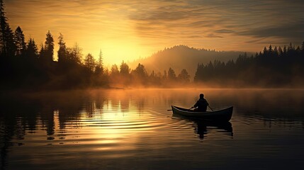 Silhouette of a man fishing in a canoe on a still morning