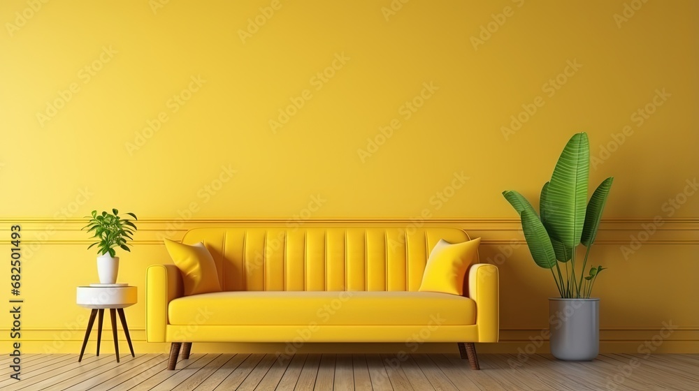 Aufkleber Wall mock up in warm tones with yellow sofa and decoration minimal.3d rendering
