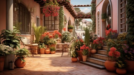 Large terrace of a single-family house with clay floors and many potted plants