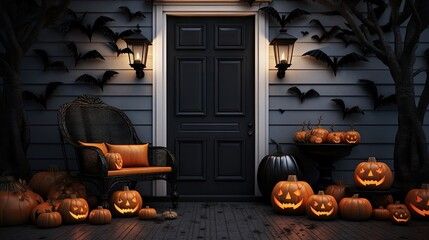 Carved pumpkins, bats and spiders near black front door of modern house with black walls and black bench. Concept of halloween. 3d rendering