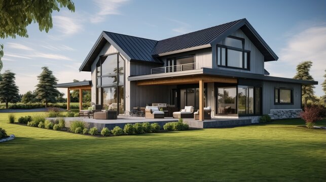 Large modern grey new house with back porch from back yard with green grass and nice landscaping.