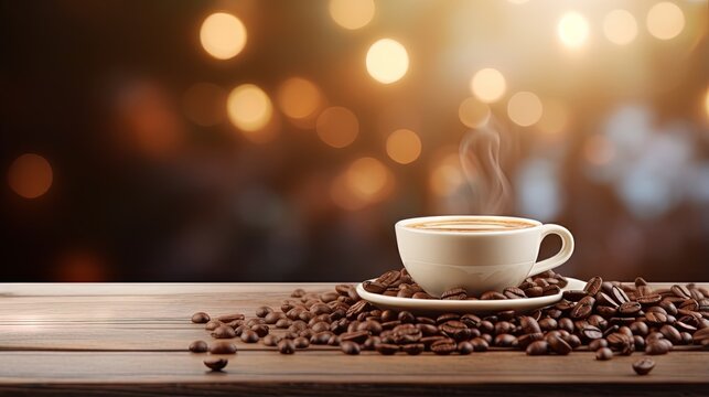 Hot Coffee cup and coffee beans roating on the wooden table and the coffee shop background with copy space
