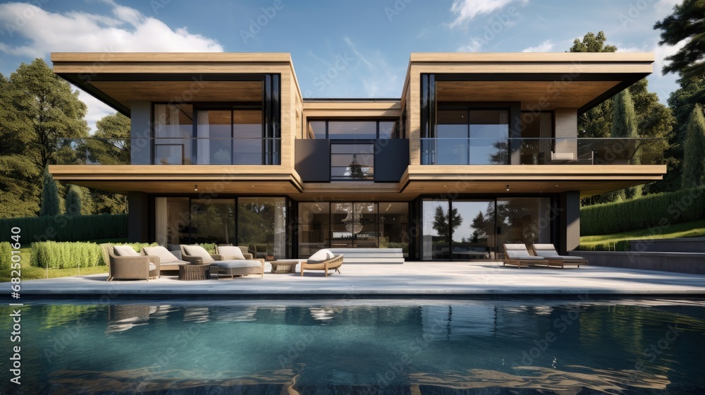 Poster 3d visualization of a modern house with a swimming pool. luxury architecture