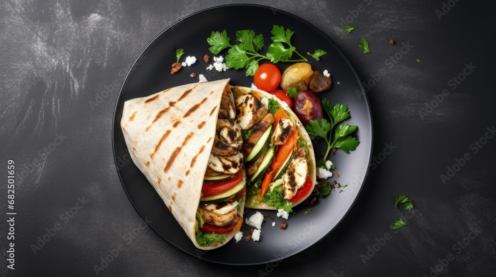 Aufkleber wrap sandwich with grilled vegetables and feta cheese on a plate. grey background. copy space. top v