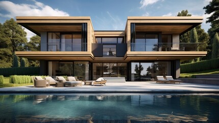 3d visualization of a modern house with a swimming pool. luxury architecture