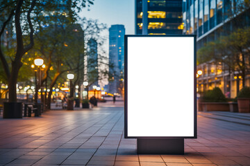 Blank City Format (CityLight, Lightposter) Billboard Pylon. Urban Evening in Public Place. Blurred Background with High-Rise Buildings. Mock-up with Copy Space for Marketing and Advertising - obrazy, fototapety, plakaty