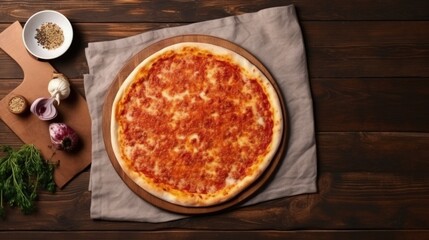 Pizza board and canvas napkin with lace on wooden table. Top view mock up