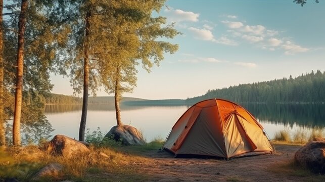 Camping tent in campground at national park. Tourists camped in the woods on the shore of the lake on the hillside. View of tent on meadow in forest. Camping background