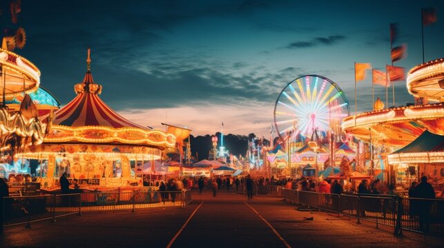 an image of city lights illuminating a lively carnival with colorful rides