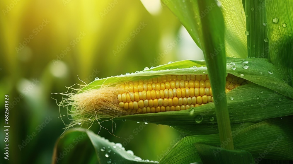 Poster corn field close up. selective focus. green maize corn field plantation in summer agricultural seaso
