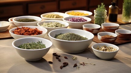 Various Herbs and spices on in white porcelain bowls ingredients used in herbal folk medicine,alternative medicine