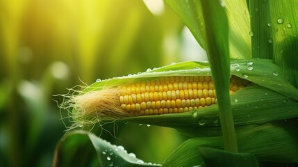 Fototapeta premium Corn field close up. Selective focus. Green Maize Corn Field Plantation in Summer Agricultural Season. Close up of corn on the cob in a field.