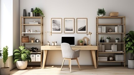 Design scandinavian interior of home office space with a lot of mock up photo frames, wooden desk, a lot of plants, mirror, office and personal accessories. Stylish neutral home staging. Template. - obrazy, fototapety, plakaty
