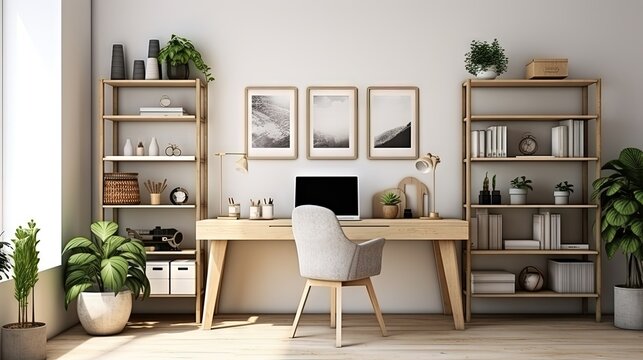Design scandinavian interior of home office space with a lot of mock up photo frames, wooden desk, a lot of plants, mirror, office and personal accessories. Stylish neutral home staging. Template.