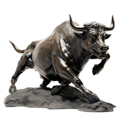 Fototapeta premium a statue of a raging bull representing the positive financial stock market, 3/4 view in an isolated and transparent PNG in a Financial-themed, photorealistic illustration. Generative ai