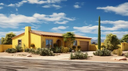 Fototapeta na wymiar New ranch, gold and mustard yellow stucco home in Tucson, Arizona, USA with beautiful blue sky and landscaping.