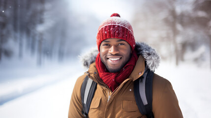 Fototapeta premium Frosty Happiness: Close-Up Portrait of Cheerful Black Youth in Winter Clothing, Snowflakes on Face, Snowy Background