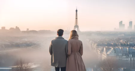 Selbstklebende Fototapete Morgen mit Nebel Young romantic couple embracing in Paris city - Paris Skyline in the early morning winter fog - blond woman, dark haired man - winter wear