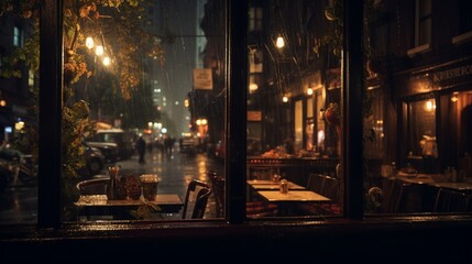 an image of city lights through the window of a bustling cafe on a rainy night - obrazy, fototapety, plakaty