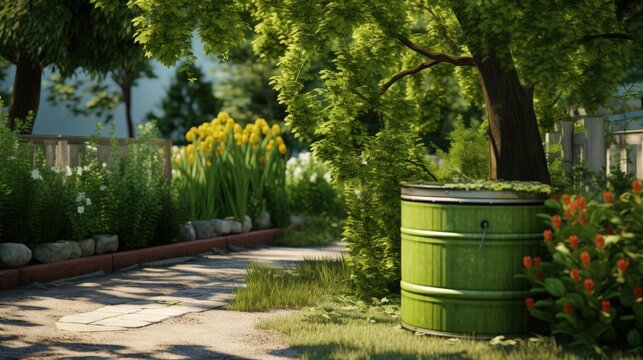 A green rain barrel to collect rainwater and reusing it to water the plants and flowers in a backyard with a wattle fence made of willow branches on a sunny day