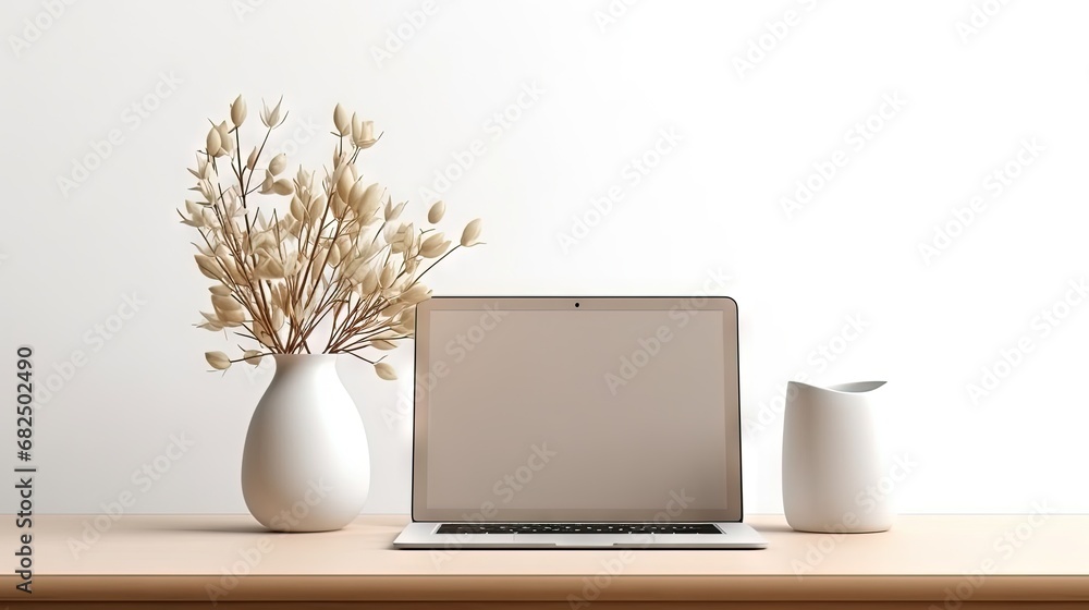 Fototapete front view on blank white laptop display on white table with stylish vase, lamp and smartphone. mock