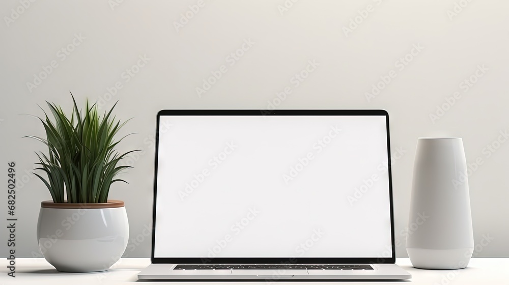 Fototapete Front view on blank white laptop display on white table with stylish vase, lamp and smartphone. Mock up. 3D rendering