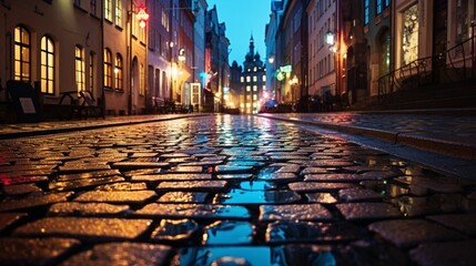 an image of city lights casting reflections on a cobblestone street during a festival - obrazy, fototapety, plakaty