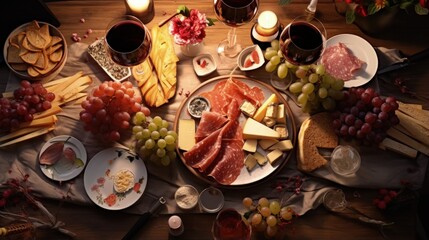 Top view of table with rose and white wine in glasses, plates with grapes, cheese and jamon, baked camembert cheese and baguette, tasting party or cozy dinner with wine