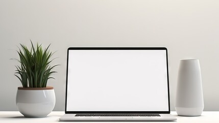 Front view on blank white laptop display on white table with stylish vase, lamp and smartphone. Mock up. 3D rendering