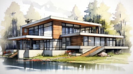 Architectural sketch of modern house building 3d illustration - obrazy, fototapety, plakaty