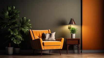 Armchair against the background of a wall with frames, a lamp and a plant. Everything in one color. 3d rendering.