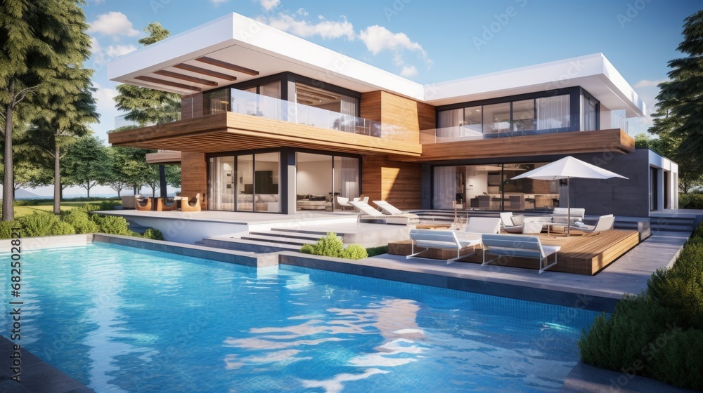 Poster 3d visualization of a modern house with a swimming pool. luxury architecture