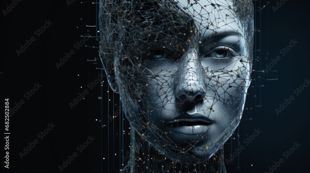 Leinwandbilder big data, machine learning and artificial intelligence concept with outline of human face made from 