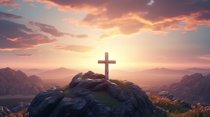 Easter and Good Friday concept, Empty tombstone with cross on mountain sunrise background