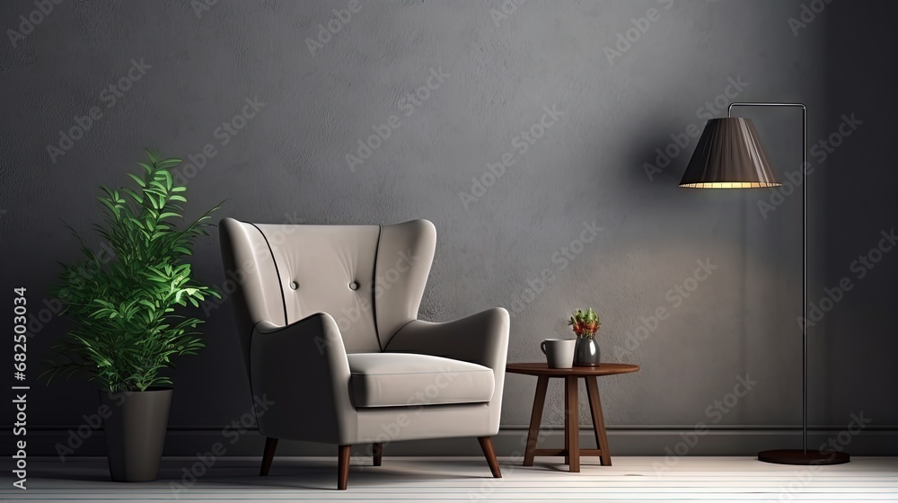 Poster armchair against the background of a wall with frames, a lamp and a plant. everything in one color. 