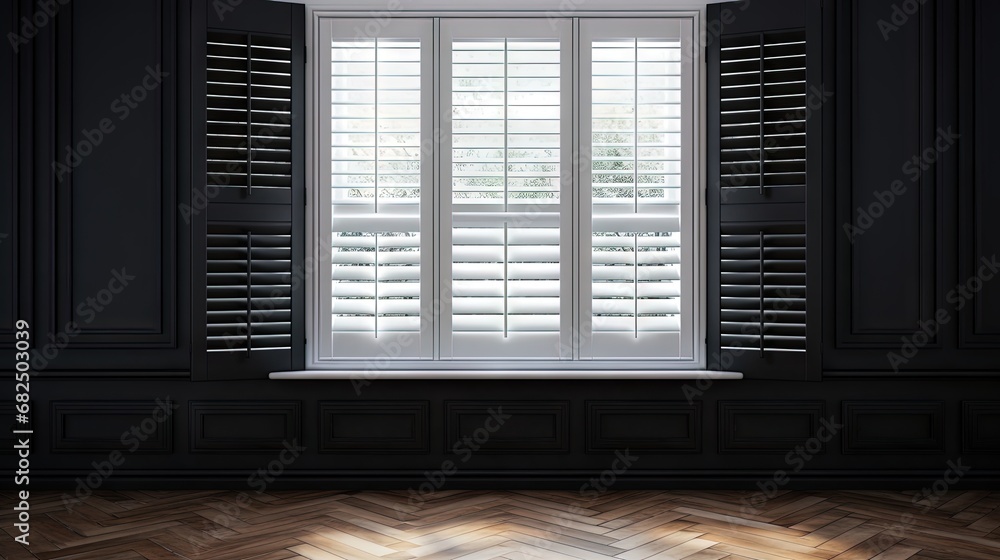Poster Frame of a wooden black window with white curtain and open shutters
