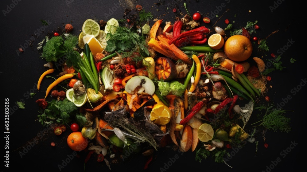 Poster garbage sorting. organic food waste from vegetable ready for recycling and to compost on the dark ba