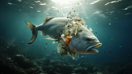 Garbage destroying our world oceans and earth - concept with plastic bottles fish eating the planet - obrazy, fototapety, plakaty