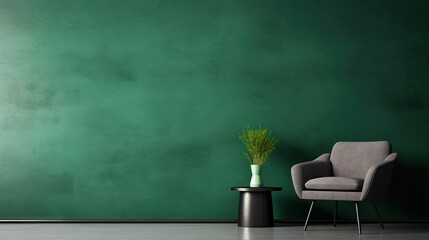 Luxurious cozy living room with a green chair and a black table. Empty teal wall made of microcement or concrete texture plaster. Reception lobby or lounge interior room design. 3d rendering - Powered by Adobe